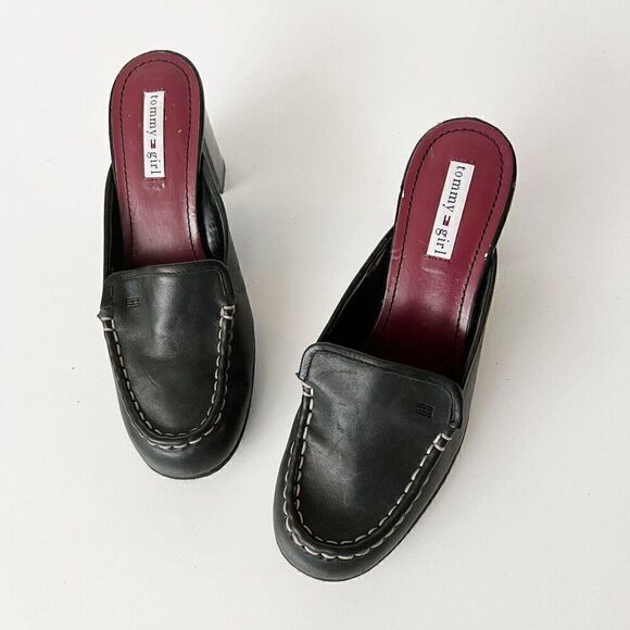 Vintage 90s Y2K Black Leather Schoolgirl‎ Mules Tommy Heeled Loafers Size 7.5 - Picture 2 of 9